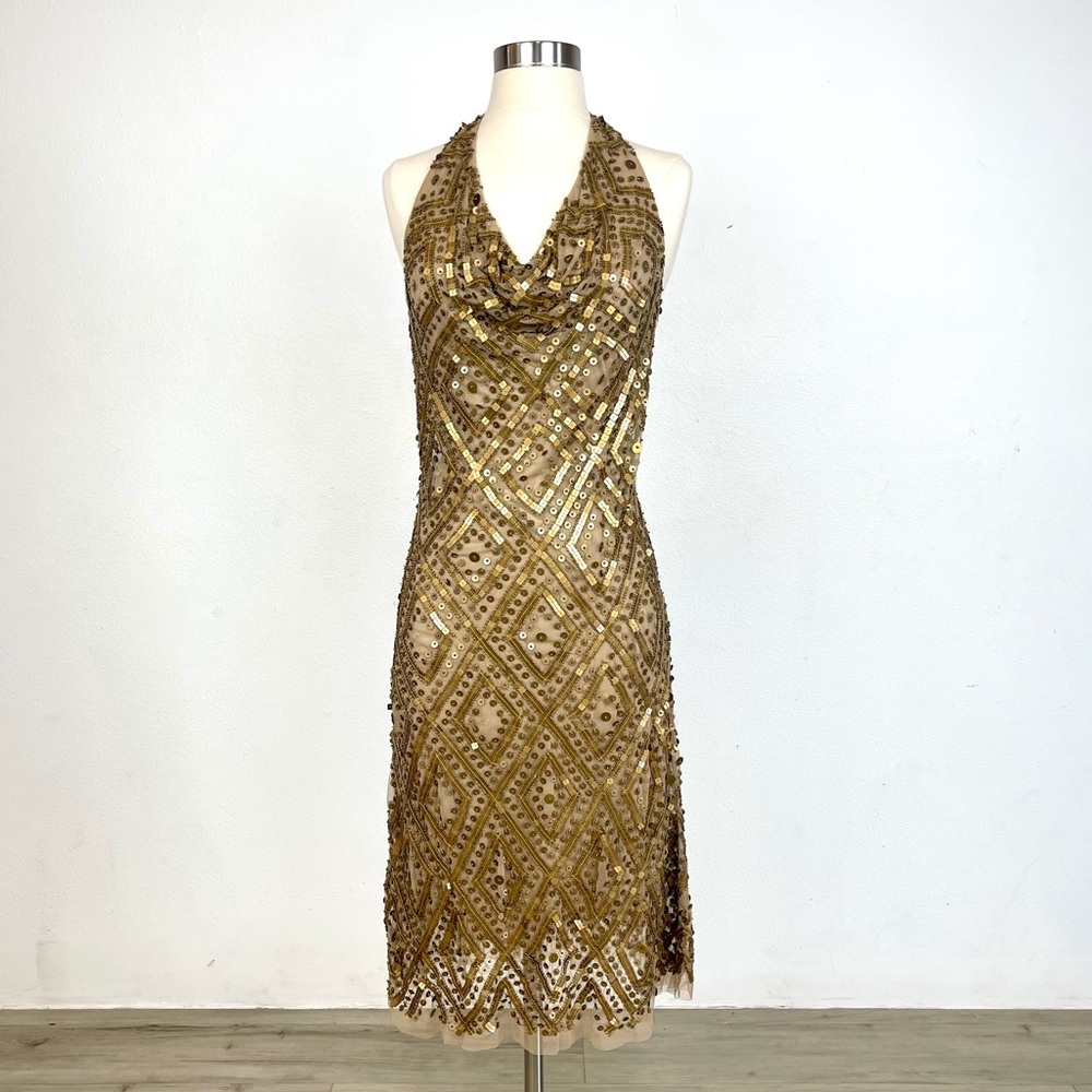 NIGHT WAY COLLECTIONS Gold Beaded Halter Midi Cowl Neck Gatsby Dress. 6. NWOT